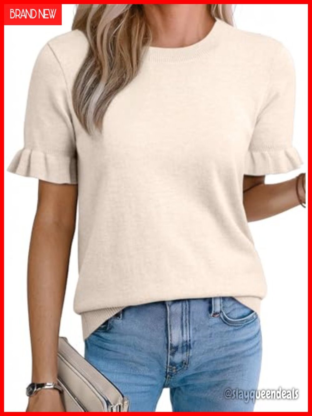 Wool Blend Short Sleeve Crewneck Sweater Knit Top